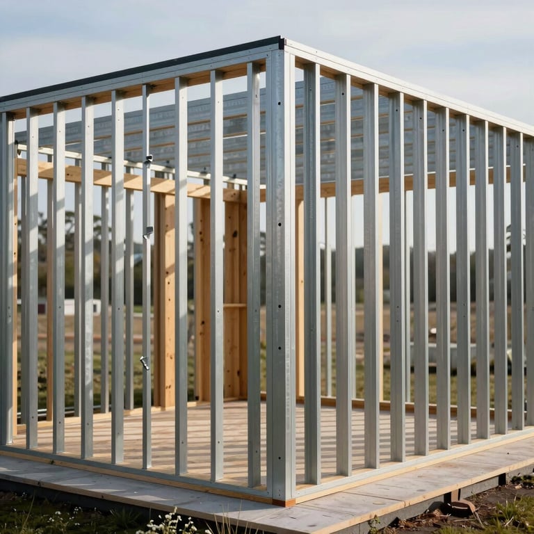 A sharp photograph of a newly installed metal stud wall framework in a modern house, Northern European architecture, natural bright light.