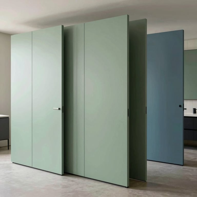 A completed project showing a sleek, modern partition wall dividing a living area, minimalist style, soft green and blue decor.