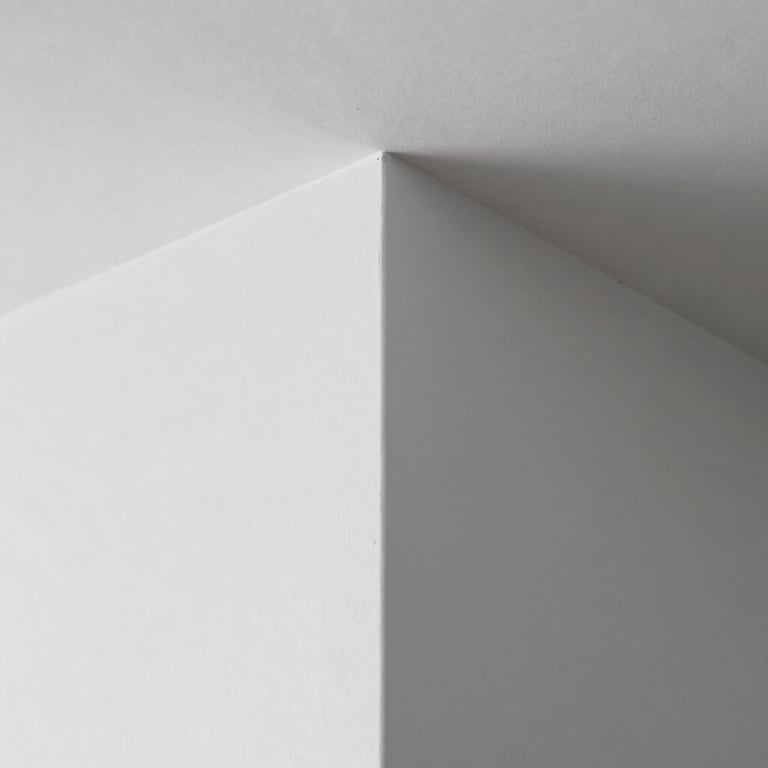 Detailed macro shot of a smooth wall corner and ceiling transition, demonstrating professional finishing quality in light grey and white.
