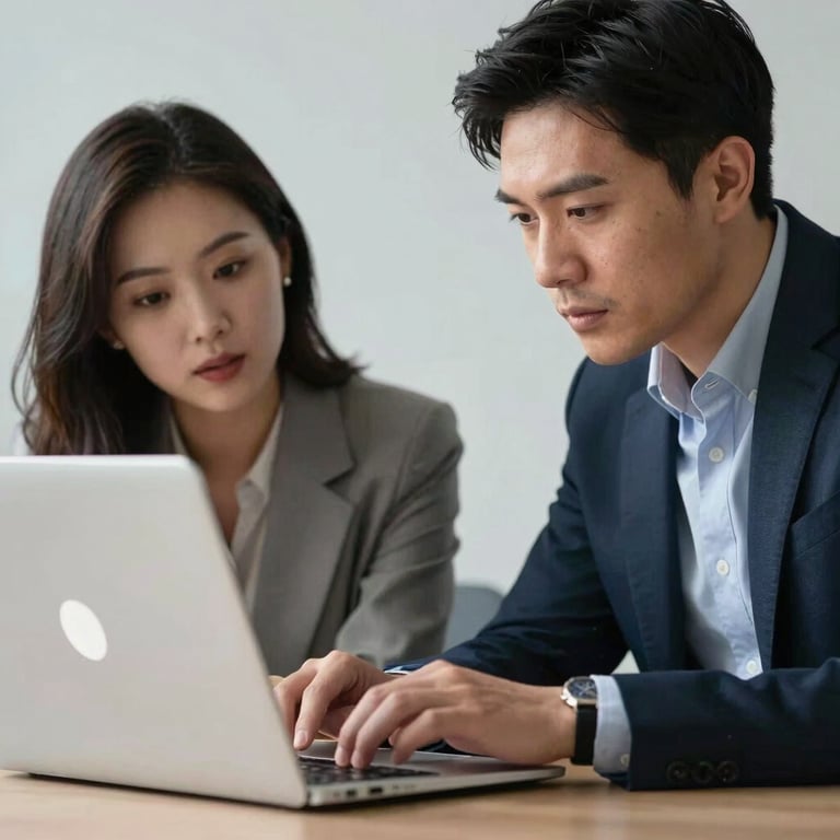 Close-up of two colleagues in a modern office discussing a project on a laptop, professional attire, clean slate gray background.