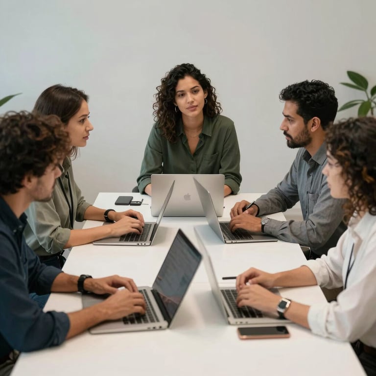 A diverse team of South American / Brazilian IT consultants in a collaborative meeting around a white table, focused and professional.