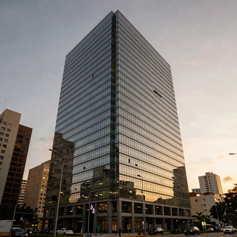 A wide shot of a modern glass office building in a Brazilian business district during sunset, warm professional lighting.