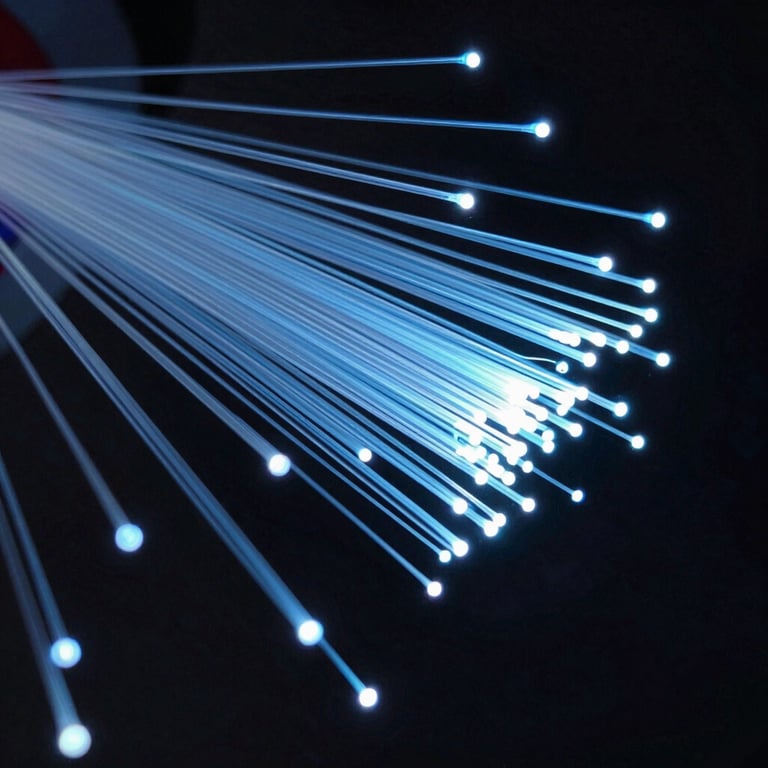Abstract photography of high-speed fiber optic cables glowing with soft blue light, representing data speed and connectivity.