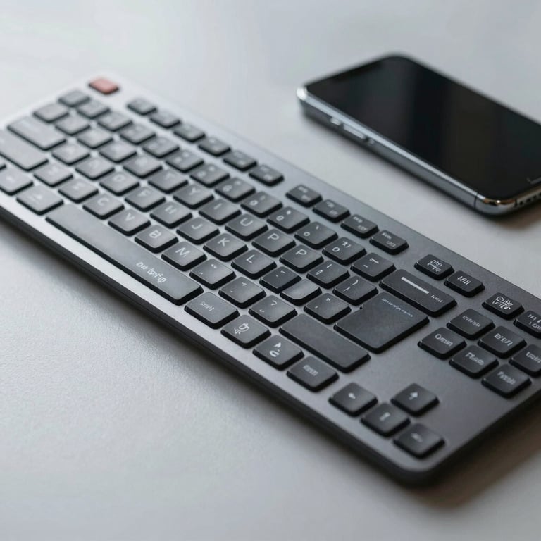 Details of a professional keyboard and a smartphone on a clean, light gray desk, representing digital mobility and work.