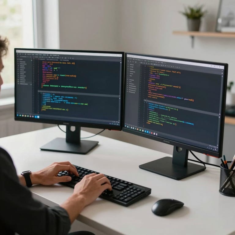 A South American / Brazilian professional working at a minimalist desk with high-tech monitors and code on screen, soft morning light.