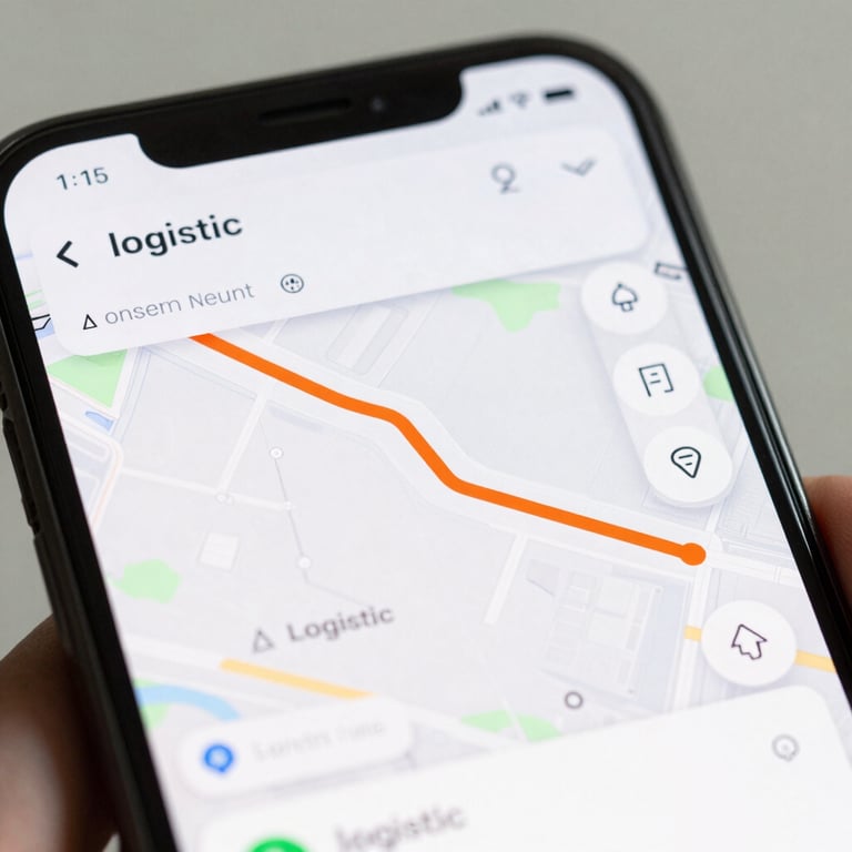 Close-up of a digital mobile interface showing a clean logistics map with route tracking, sharp orange accent lines, clean UI, bright daylight environment.