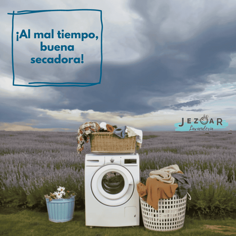 Secadora de ropa blanca en un campo de lavanda bajo nubes de tormenta, para servicios profesionales