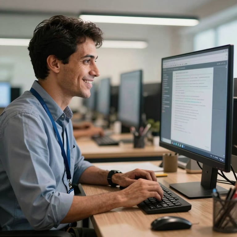 A smiling accountant in a South American / Brazilian workspace, looking at a computer screen with confidence.