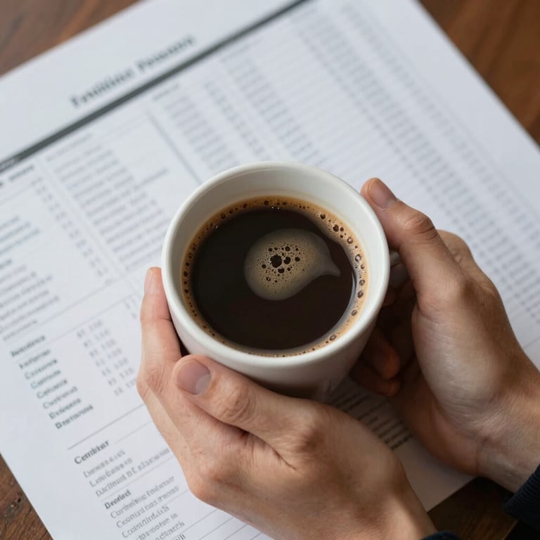 Hands holding a warm cup of coffee next to printed financial reports, emphasizing a personal and family-oriented touch.