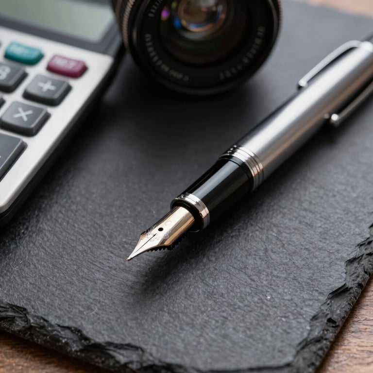 Detailed view of a fountain pen and a calculator on a professional dark slate desk surface.