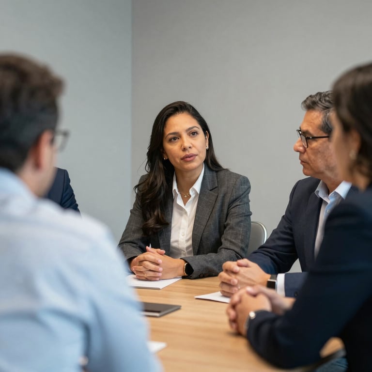 A group of South American / Brazilian professionals talking in a modern meeting room with soft gray walls.