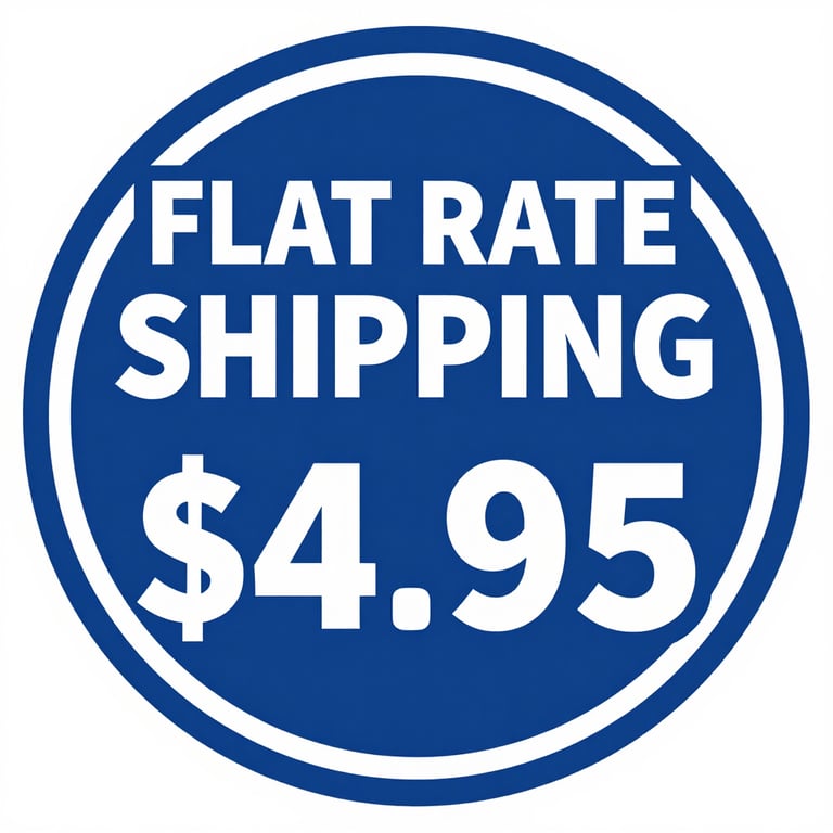 Blue circular seal offering flat rate shipping for 4.95 dollars with bold white text.