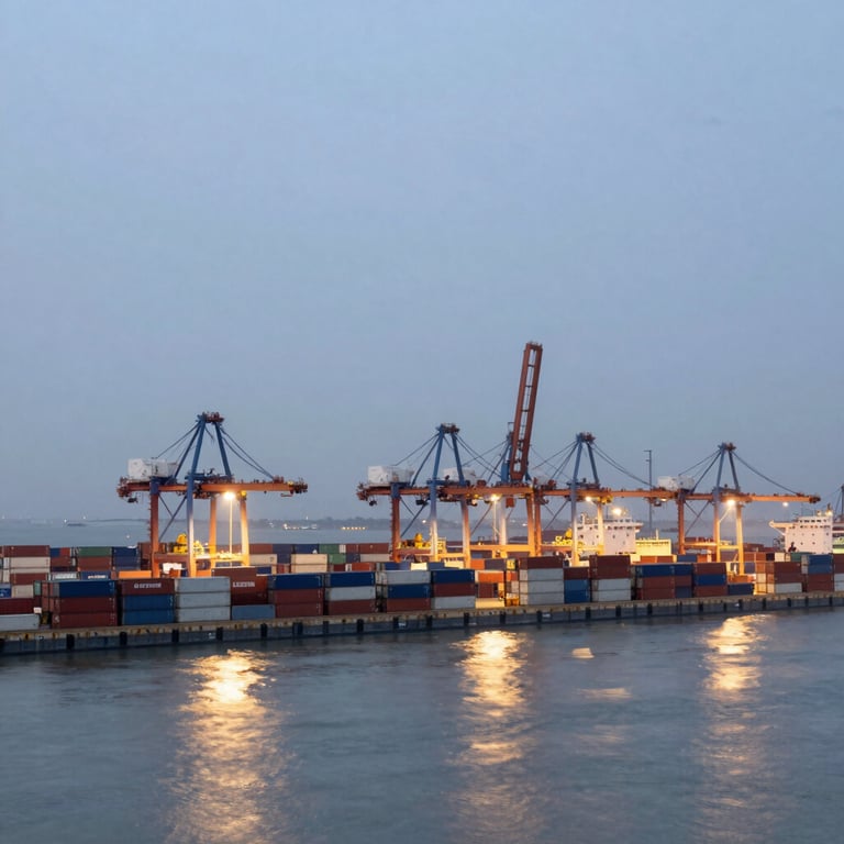 A wide shot of a bustling container terminal at dusk, with lights reflecting on the water in Pale Mist tones.