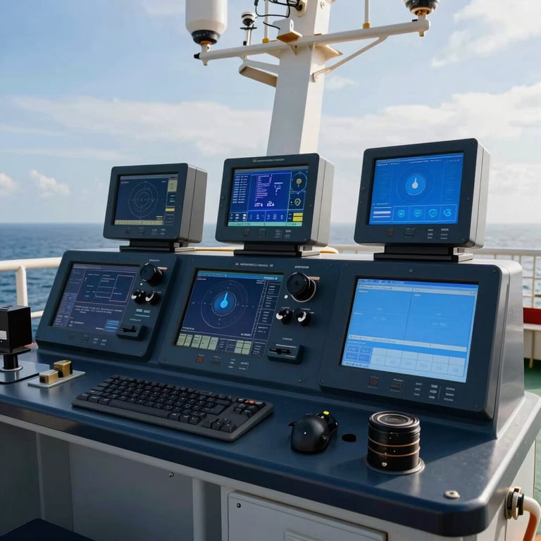 A detailed shot of a cargo ship's navigation bridge with modern equipment showing Deep Navy and Sky Blue interfaces.