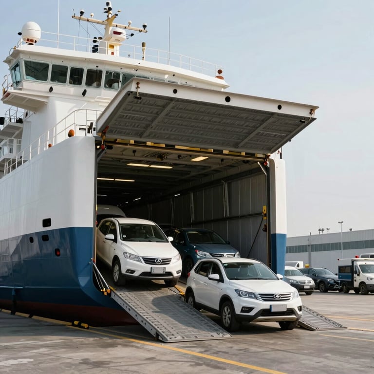 A sleek Ro-Ro vessel with its ramp open, efficiently loading vehicles in a organized, modern port setting.
