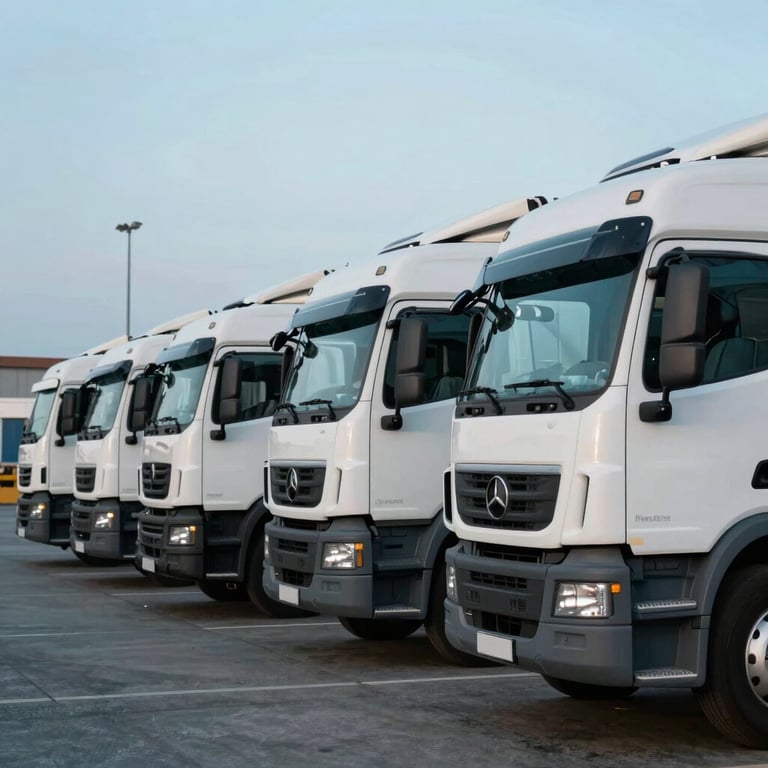 A row of white transport trucks lined up in a port under a Soft Azure sky, ready for loading.