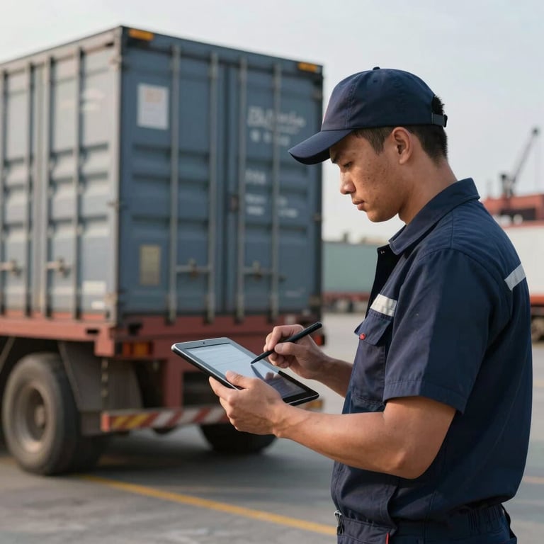 A professional port worker in a Deep Navy vest using a digital tablet to scan a Ro-Ro vehicle shipment.