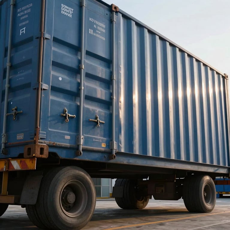 A close-up of a massive container being lowered onto a deck, sunlight reflecting off its Steel Blue surface.