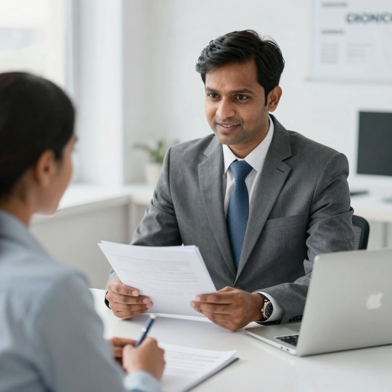 A professional insurance adjuster discussing documents with a client in a bright office setting.