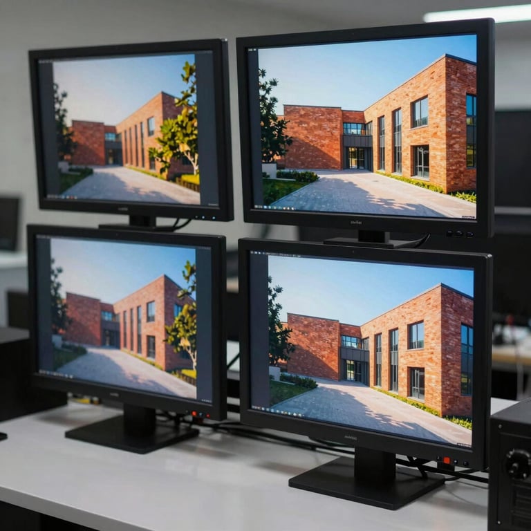 A series of calibrated monitors displaying vibrant architectural photography for pre-press.