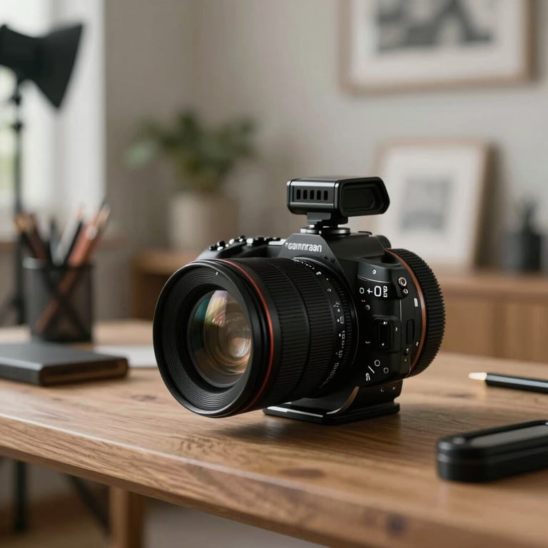 Sophisticated South American studio interior with soft focus on professional design tools.