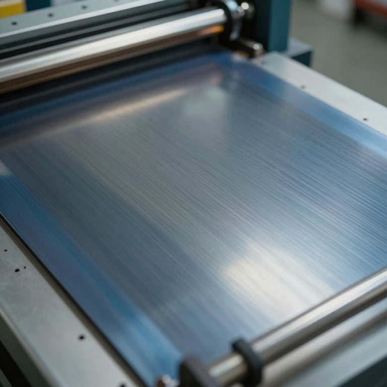 Close up of an industrial printing plate with metallic blue and silver reflections.