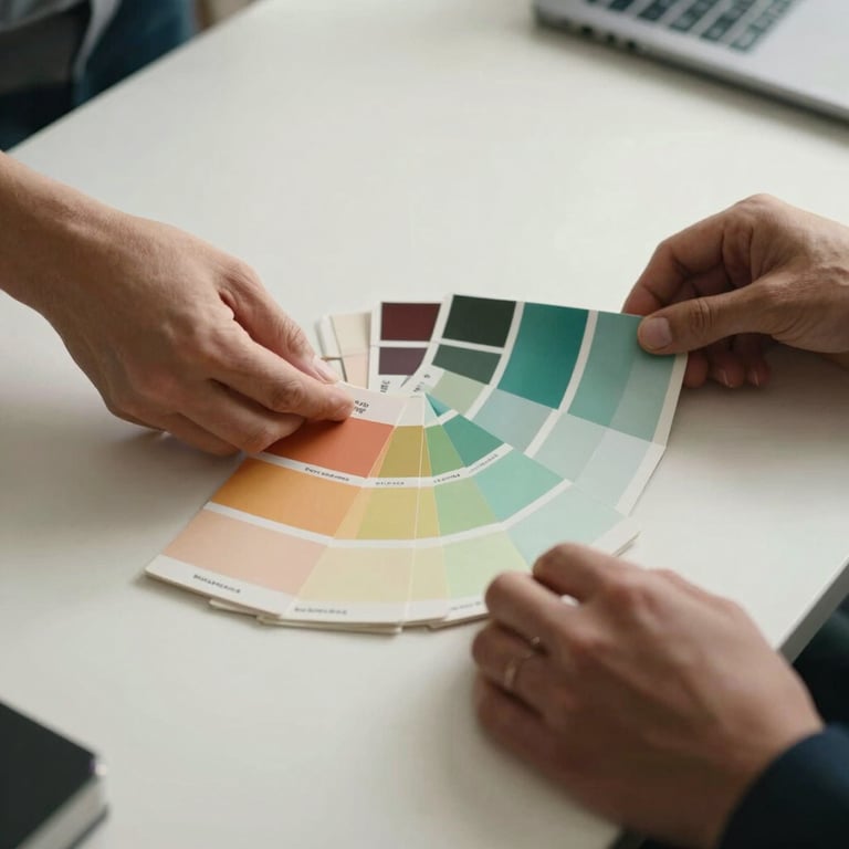Hands organizing Pantone color swatches on a clean off-white desk surface.