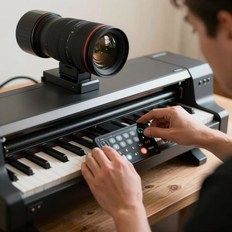 A South American professional adjusting settings on a large format professional scanner.
