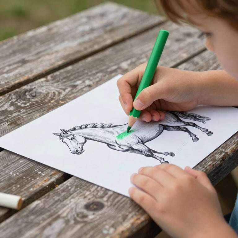 Close-up of a child's hands holding a bright green crayon, coloring a horse illustration on a rustic wooden picnic table outdoors.