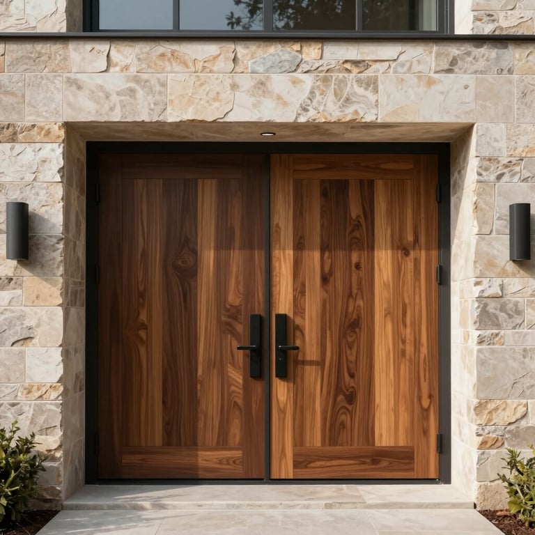 Architectural detail of a residential entryway with robust masonry and sophisticated modern wooden doors.