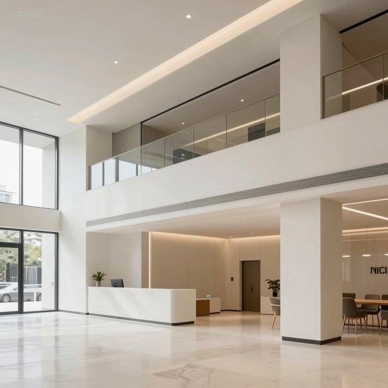 A modern commercial lobby renovation featuring high-end materials and a professional, crisp off-white palette.