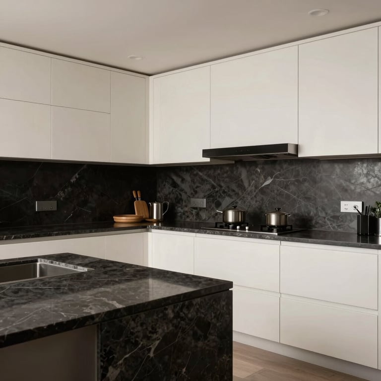 A premium kitchen renovation featuring crisp off-white cabinets, dark charcoal granite countertops, and sophisticated modern lighting.