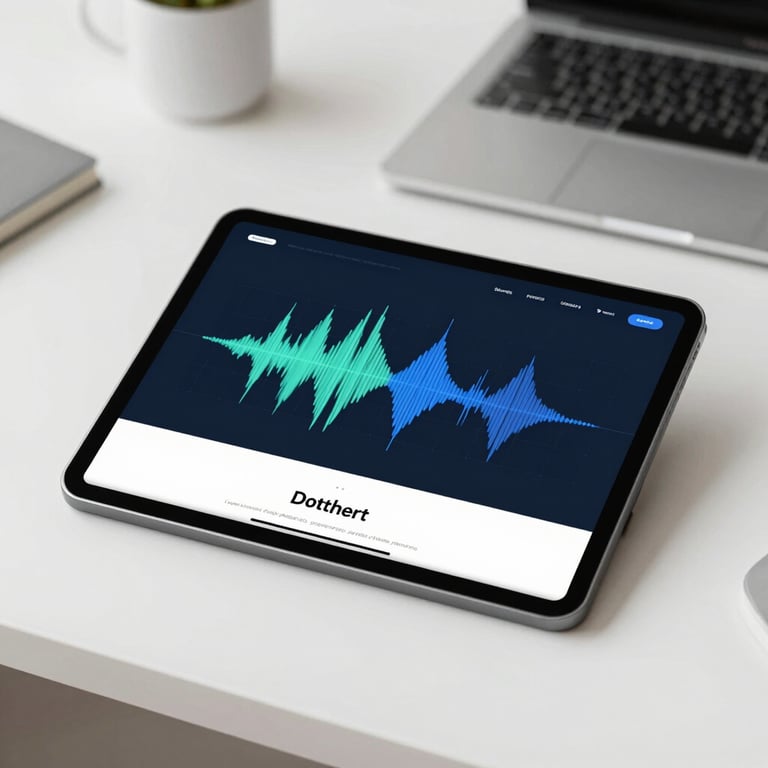 A clean, white desk with a tablet displaying a SoundCloud wave profile, representing the digital portfolio.