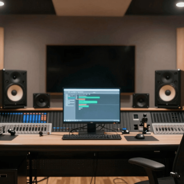 Professional studio headphones resting on a wooden desk with a minimalist aesthetic, using brand colors #F8F8F8 and #8D6E63.