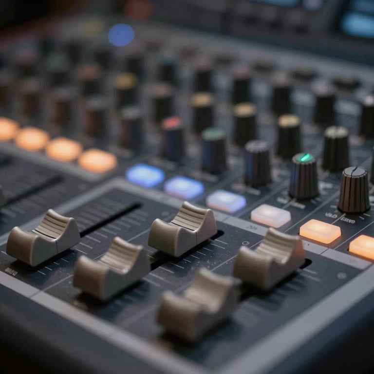 A close-up of a studio mixing console with illuminated buttons and faders, professional and clean atmosphere.
