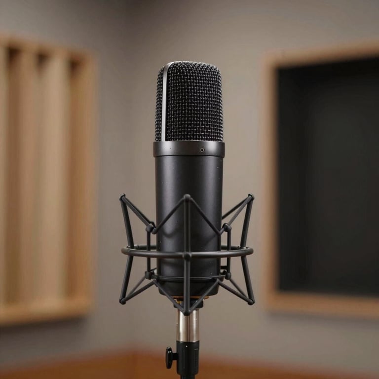 Side profile of a sleek studio microphone in a recording booth with soft, atmospheric lighting.