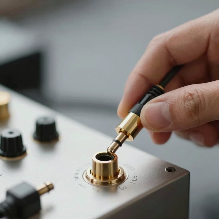 Close-up of a hand adjusting a gold-plated audio cable into a preamp, emphasizing quality and detail.