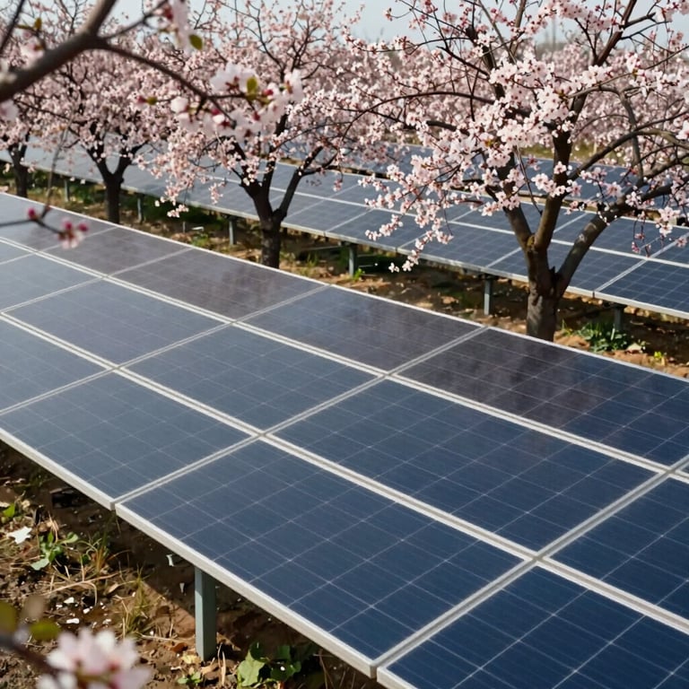 Rows of solar panels providing partial shade to blossoming fruit trees.
