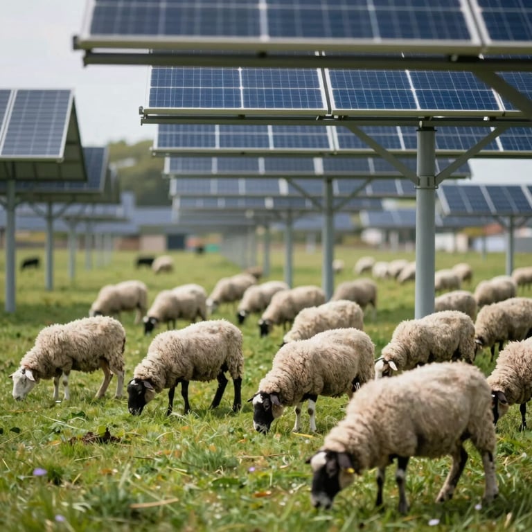 Solar canopy over sheep grazing in a green meadow, professional lighting.