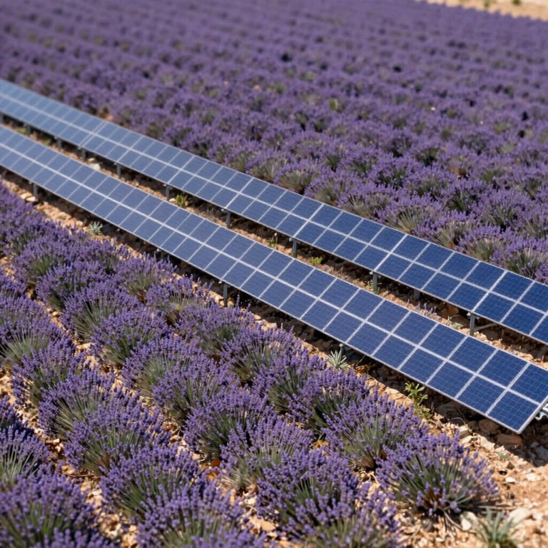 Aerial view of PV panels integrated into a lavender field in Provence.