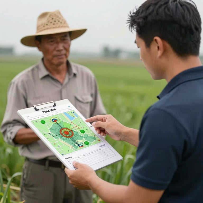 A consultant in a smart polo shirt discussing digital yield maps with a farmer.