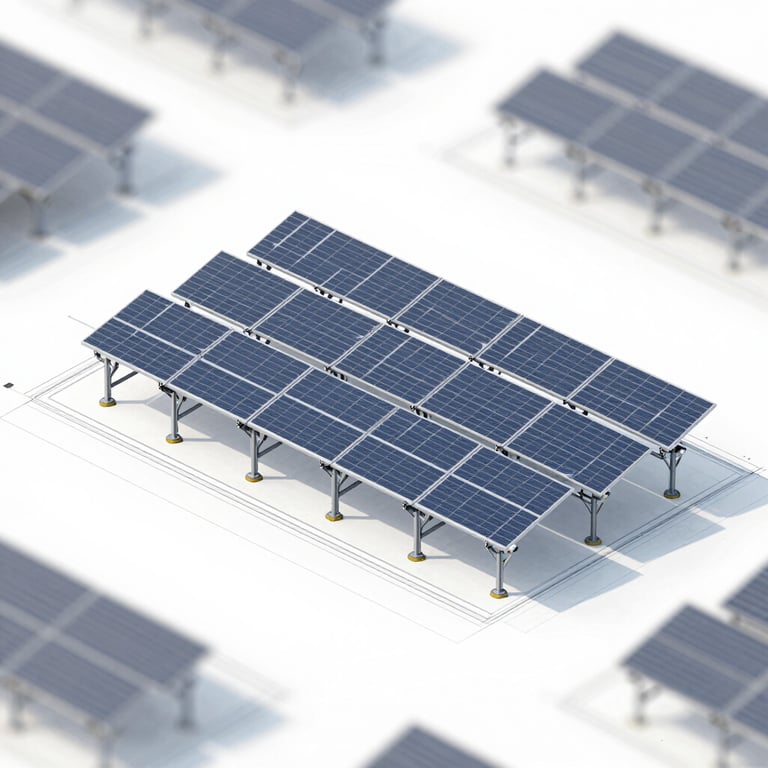 3D technical architectural drawing of an agrivoltaic structure.