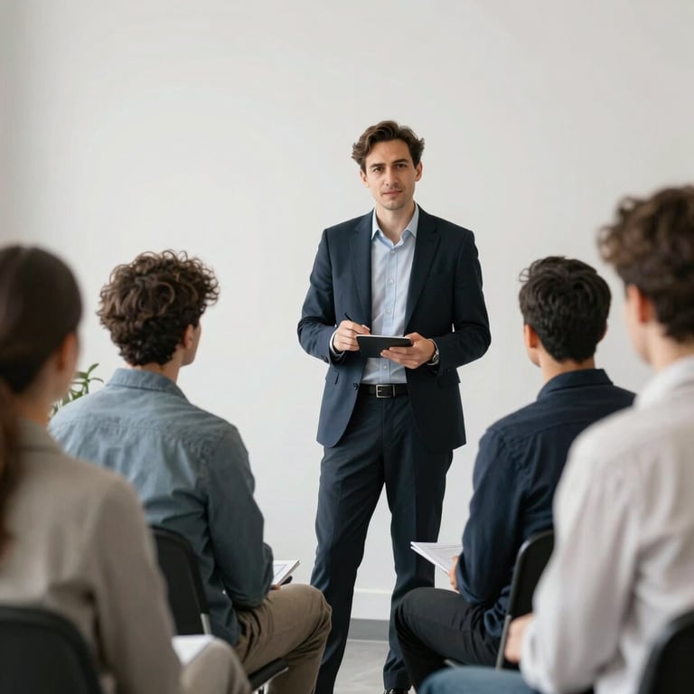 A confident business advisor presenting marketing growth data to a small group of entrepreneurs in a modern, clean studio.