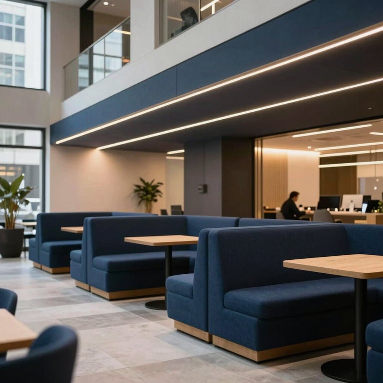 A modern coworking space with clean lines, navy blue furniture, and warm gold lighting accents in a US city center.