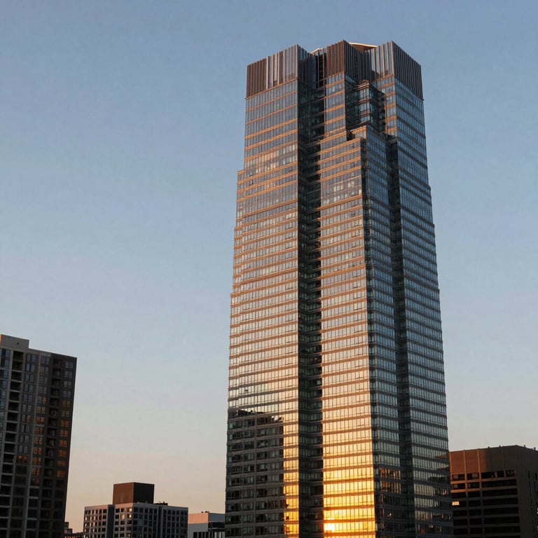 A sleek high-rise building reflecting the golden hour sunset in a major North American business district.