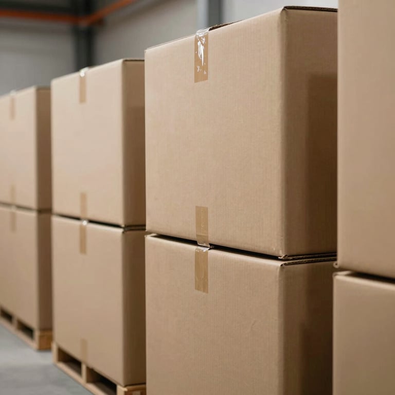 Securely packed boxes stacked neatly in a modern storage facility with clean, organized rows.