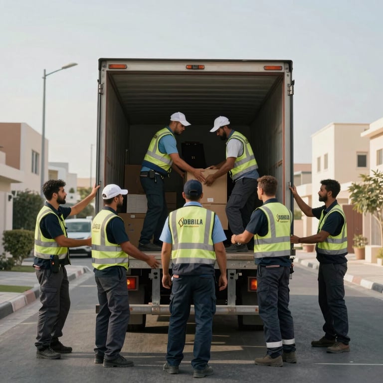 A team of movers wearing professional uniforms unloading a truck in a residential street in Abu Dhabi during the daytime.
