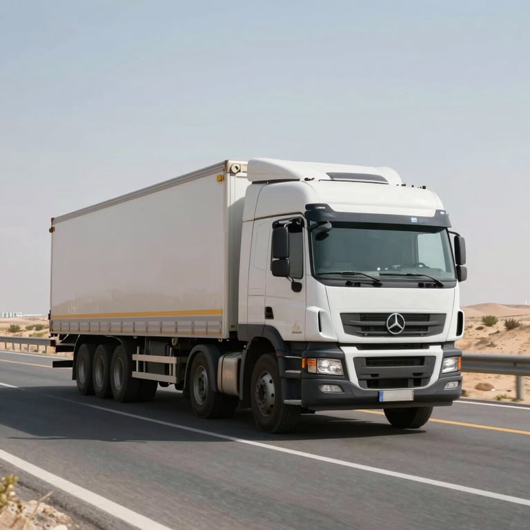A large moving truck driving on a clean highway through the Middle Eastern / Gulf landscape under a bright sky.