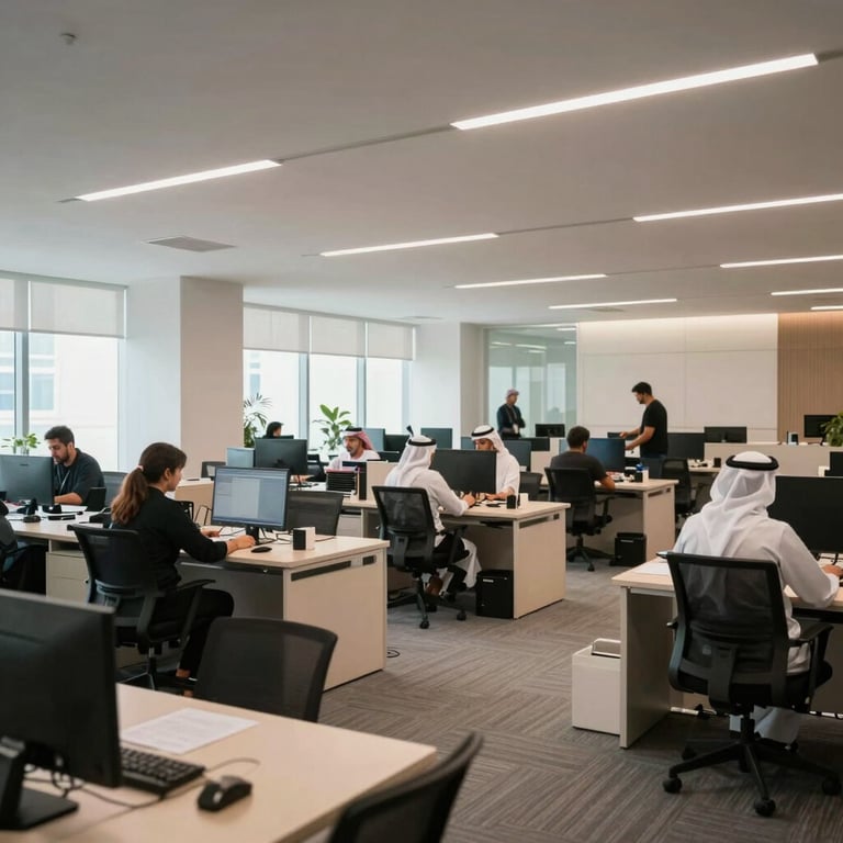 Interior view of a spacious Abu Dhabi office being efficiently packed by a professional team.