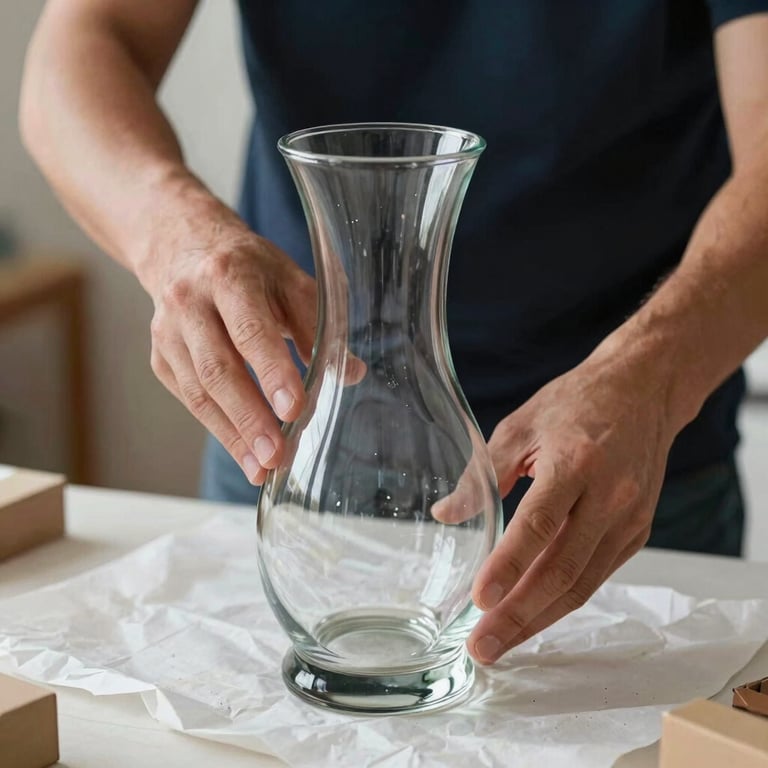 Close-up of a professional mover's hands carefully wrapping a fragile glass vase in protective material.